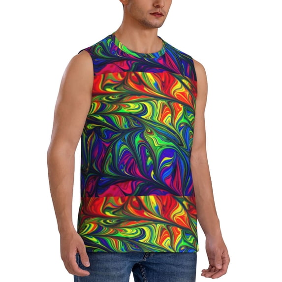 Lsque Pride Rainbow Print Men's Cotton Blend Sleeveless Muscle Shirts (S-3XL)- Moisture Wicking, Odor Protection, UPF 30+,3X-Large