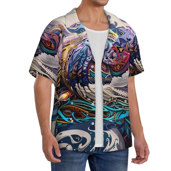 Lsque Psychedelic Shark Artwork print Men's Cuban Collar Short Sleeve Shirt Summer Beachwear Casual Button Down Fashionable Vacation Leisure Shirt-XX-Large