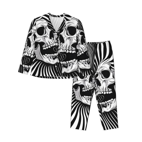Lsque Psychedelic Skull Illusion Art Pattern Long Sleeve Pajama Set for Women - Soft 2-Piece Sleepwear and Loungewear Set with Pockets, Comfy Nightwear-Small