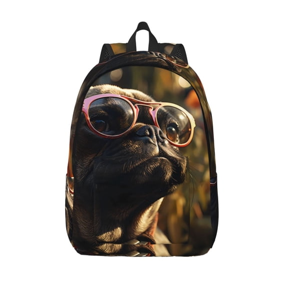 Lsque Pug Wearing Sunglasses Flowers Pattern Canvas Daypack, Durable Backpack, High-quality Versatile Backpack,Vintage Compact Backpack-Medium