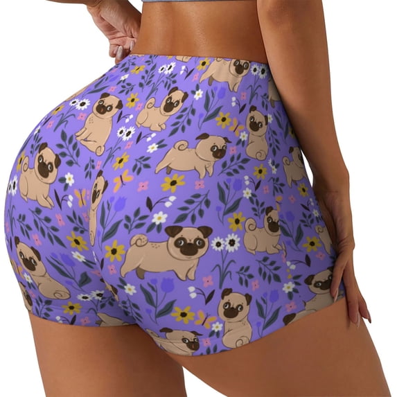 Lsque Pugs and Flowers Pattern High Waisted Biker Shorts for Women-Tummy Control Fitness Athletic Workout Running Yoga Gym Shorts,Moisture-Wicking-