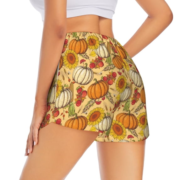 Lsque Pumpkin And Sunflower Printed Women's Running Shorts with Liner Pockets,Elastic Quick Dry Workout Athletic Gym Yoga Shorts,Womens High Waist Shorts-X-Large