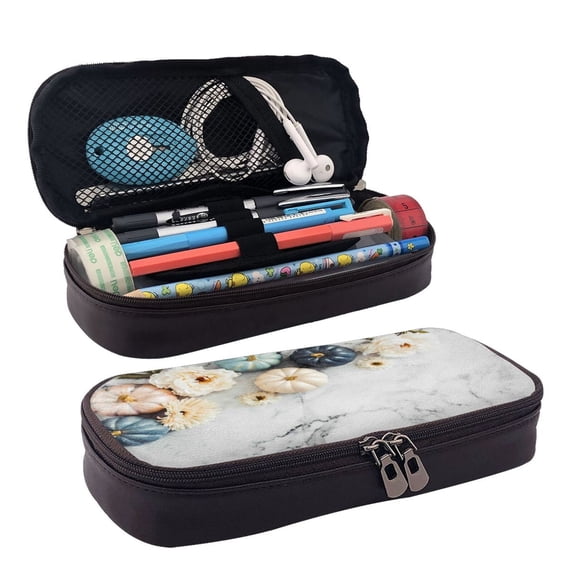 Lsque Pumpkin And White Marble Printed Big Capacity PU Leather Pencil Case Large Pencil Pouch Stationery Pen Bag Pencil Holder for Teen