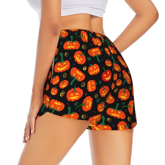 Lsque Pumpkin Fallen Leaves Printed Women's Running Shorts with Liner Pockets,Elastic Quick Dry Workout Athletic Gym Yoga Shorts,Womens High Waist Shorts-Large