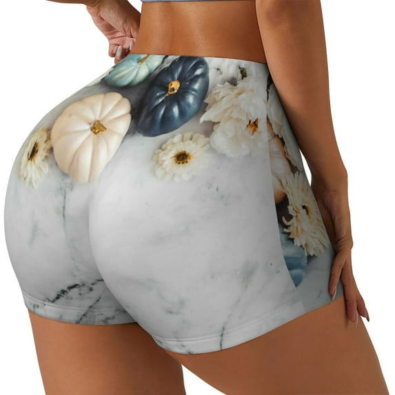 Lsque Pumpkin And White Marble Pattern High Waisted Biker Shorts for Women-Tummy Control Fitness Athletic Workout Running Yoga Gym Shorts,Moisture-Wicking-