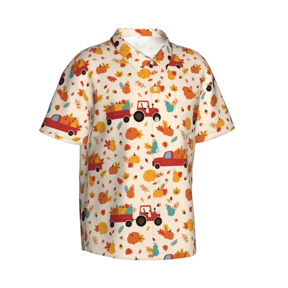 Lsque Pumpkins On Red Car And Tractor pattern Hawaiian Shirt for Men, Unisex Summer Beach Casual Short Sleeve Button Down Shirts-X-Large