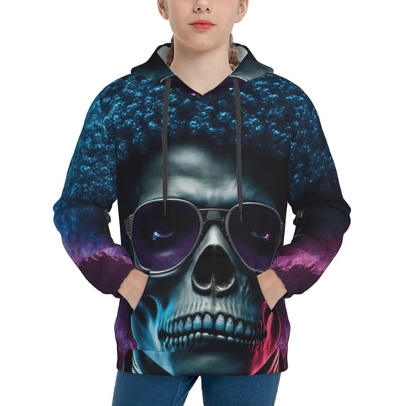 Lsque Punk Style Blue Haired Skull Patten Youth Hoodie Sweatshirt Pullover with Kangaroo Pocket Boys and Girls Hoodie Warm Hoodie for Kids-X-Large