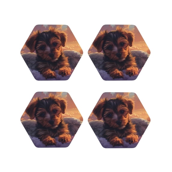 Lsque Puppy Lying On A Cloud Pattern 4" Drink Coasters Set of 4, PVC Leather Absorbent Coasters, Table Coaster Set Decorative Coffee Cup Coasters Housewarming Gift -Hexagon