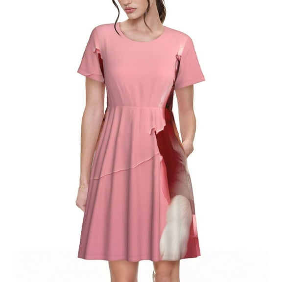 Lsque Puppy Peeking Through Pink Print Women's Casual Dress T-Shirt Summer Short Sleeve Scoop Neck Swing Dresses