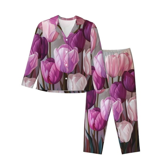 Lsque Purple And Pink Tulip Bouquet Pattern Long Sleeve Pajama Set for Women - Soft 2-Piece Sleepwear and Loungewear Set with Pockets, Comfy Nightwear-Small