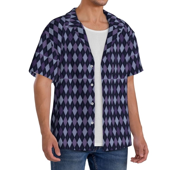Lsque Purple and Blue Squares print Men's Cuban Collar Short Sleeve Shirt Summer Beachwear Casual Button Down Fashionable Vacation Leisure Shirt-Small