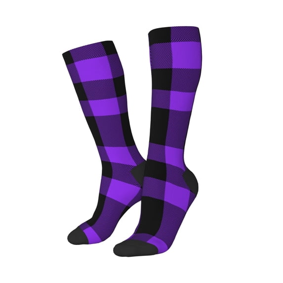 Lsque Purple Buffalo Plaid Printed Crew Socks Men's Women's LightWeight Thin Casual Calf Socks ,Knee High Socks,Cotton Socks
