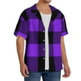 thumbnail image 1 of Lsque Purple Buffalo Plaid print Men's Cuban Collar Short Sleeve Shirt Summer Beachwear Casual Button Down Fashionable Vacation Leisure Shirt-Small, 1 of 7