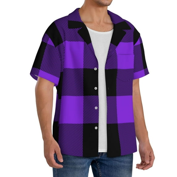 Lsque Purple Buffalo Plaid print Men's Cuban Collar Short Sleeve Shirt Summer Beachwear Casual Button Down Fashionable Vacation Leisure Shirt-Small