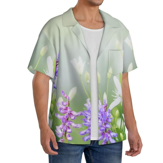 Lsque Purple Butterfly On Wild print Men's Cuban Collar Short Sleeve Shirt Summer Beachwear Casual Button Down Fashionable Vacation Leisure Shirt-4X-Large