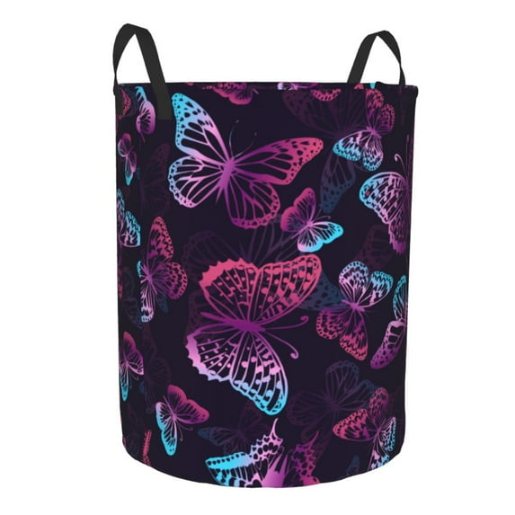 Lsque Purple Butterfly pattern Laundry Hamper Basket, Tall Woven Rope Hamper Basket for Clothes, Lightweight Storage Basket, Collapsible Waterproof-Medium