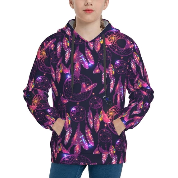 Lsque Purple Dreamcatcher Patten Youth Hoodie Sweatshirt Pullover with Kangaroo Pocket Boys and Girls Hoodie Warm Hoodie for Kids-Large