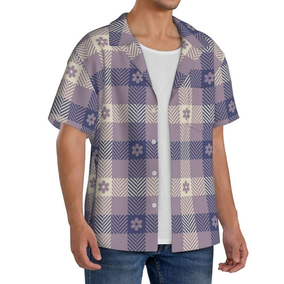 Lsque Purple Floral Gingham Check Plaid print Men's Cuban Collar Short Sleeve Shirt Summer Beachwear Casual Button Down Fashionable Vacation Leisure Shirt-Small