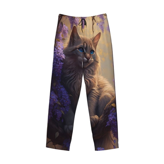 Lsque Purple Flower Lazy Cat Print Men's Pajama Pants, Lounge Pant - Comfortable Home Wear,Elastic Waistband, Stylish Design-XX-Large