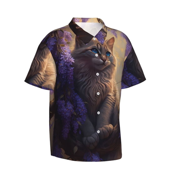 Lsque Purple Flower Lazy Cat pattern Hawaiian Shirt for Men, Unisex Summer Beach Casual Short Sleeve Button Down Shirts-Medium
