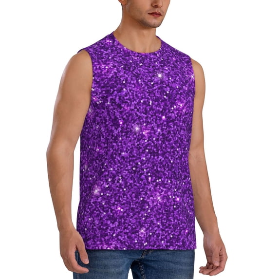 Lsque Purple Glitter Print Men's Cotton Blend Sleeveless Muscle Shirts (S-3XL)- Moisture Wicking, Odor Protection, UPF 30+,Medium