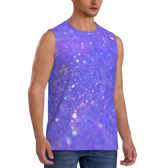 Lsque Purple Glitter Print Men's Cotton Blend Sleeveless Muscle Shirts (S-3XL)- Moisture Wicking, Odor Protection, UPF 30+,Medium
