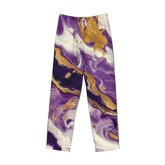 Lsque Purple Gold Marble Swirls Print Men's Pajama Pants, Lounge Pant - Comfortable Home Wear,Elastic Waistband, Stylish Design-X-Large