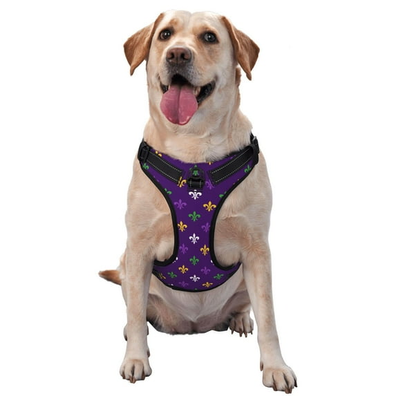 Lsque Purple Mardi Gras Dog Harness, No-Pull Pet Harness with 2 Leash Clips, Adjustable Soft Padded Dog Vest with Easy Control Handle for Large Dogs-Small