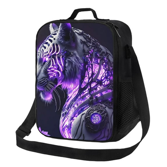 Lsque Purple Pattern White Tiger Lunch Bag Lunch Box for Women Men Reusable Insulated Lunch Tote Bag,Leakproof Thermal Cooler Sack Food Handbags Case High Capacity