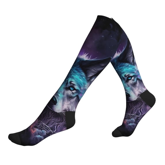 Lsque Purple Sky Wolf Pattern Sport Compression Socks for Men & Women 15-20 mmHg Knee High Nurse Pregnant Running Medical and Travel Athletic