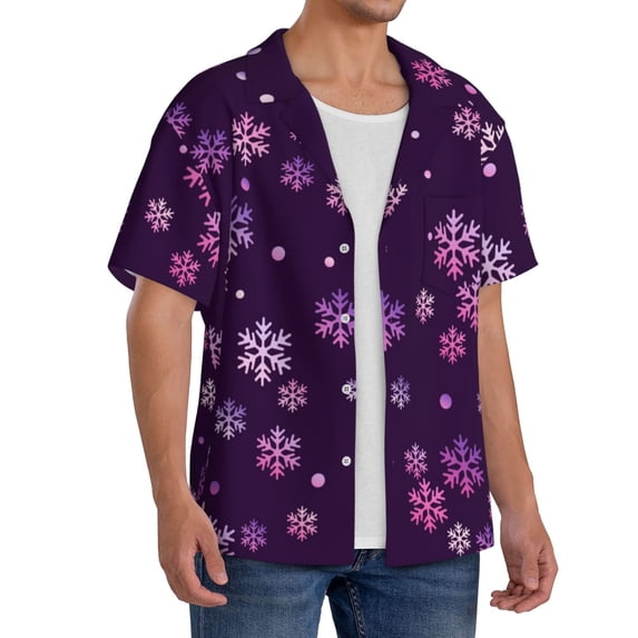 Lsque Purple Snow Flakes print Men's Cuban Collar Short Sleeve Shirt Summer Beachwear Casual Button Down Fashionable Vacation Leisure Shirt-Small