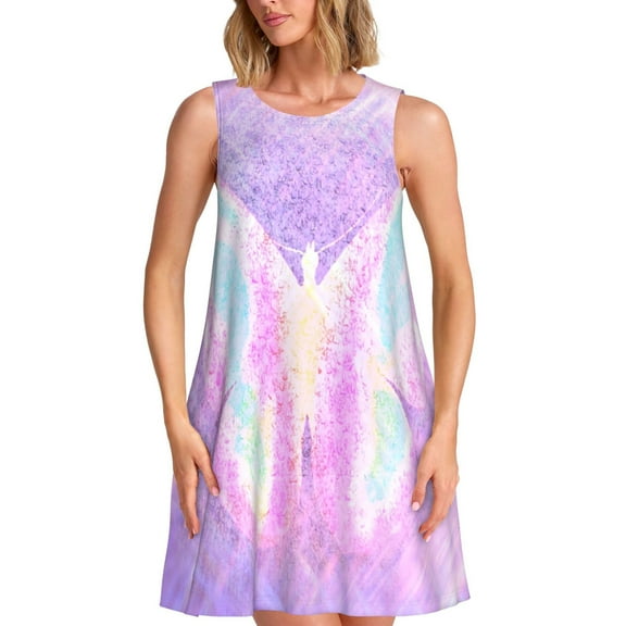 Lsque Purple Sparkling Butterfly Pattern Summer Dresses for Women – Sleeveless T-Shirt Swing Sundress, Perfect for the Beach and Casual Days