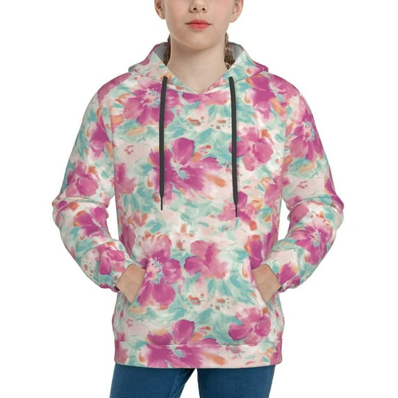 Lsque Purple Watercolor Flowers Patten Youth Hoodie Sweatshirt Pullover with Kangaroo Pocket Boys and Girls Hoodie Warm Hoodie for Kids-X-Large