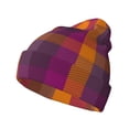 thumbnail image 1 of Lsque Purple Yellow Buffalo Plaid Pattern Knitted Beanie, Unisex Winter Hat, Knit Hat Winter Beanies Thick Fisherman Beanies Cuffed Plain Skull Caps, 1 of 6