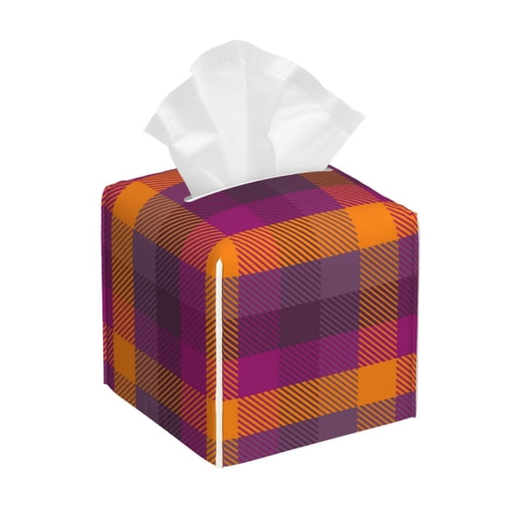 Lsque Purple Yellow Buffalo Plaid Printed Tissue Box Cover Holder, Facial Paper Organizer Dispenser,Square with Bottom Belt, PVC Leather Decorative Organizer