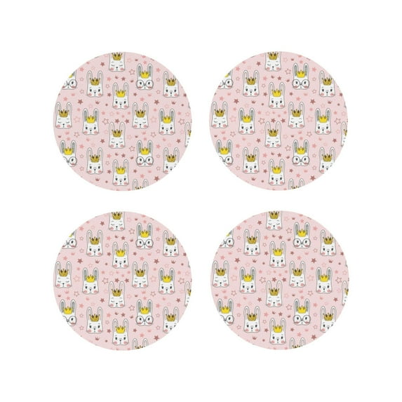 Lsque Queen For Rabbit Pattern 4" Drink Coasters Set of 4, PVC Leather Absorbent Coasters, Table Coaster Set Decorative Coffee Cup Coasters Housewarming Gift -Round Shape