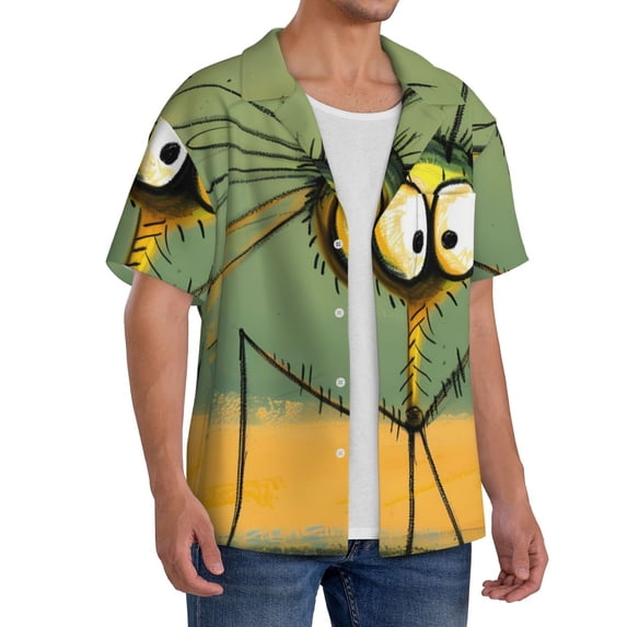 Lsque Quirky Cartoon 123 print Men's Cuban Collar Short Sleeve Shirt Summer Beachwear Casual Button Down Fashionable Vacation Leisure Shirt-3X-Large