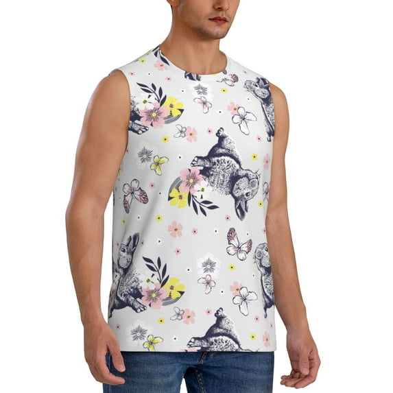 Lsque Rabbit And Butterfly Print Men's Cotton Blend Sleeveless Muscle Shirts (S-3XL)- Moisture Wicking, Odor Protection, UPF 30+,Small