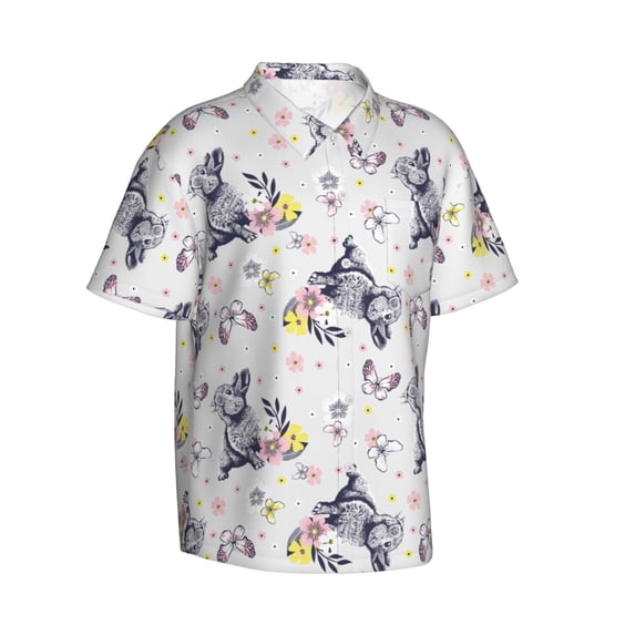 Lsque Rabbit And Butterfly pattern Hawaiian Shirt for Men, Unisex Summer Beach Casual Short Sleeve Button Down Shirts-Medium