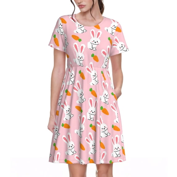 Lsque Rabbit And Carrot Print Women's Casual Dress T-Shirt Summer Short Sleeve Scoop Neck Swing Dresses