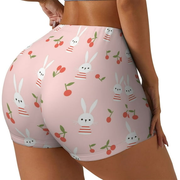 Lsque Rabbit And Cherry Pattern High Waisted Biker Shorts for Women-Tummy Control Fitness Athletic Workout Running Yoga Gym Shorts,Moisture-Wicking-
