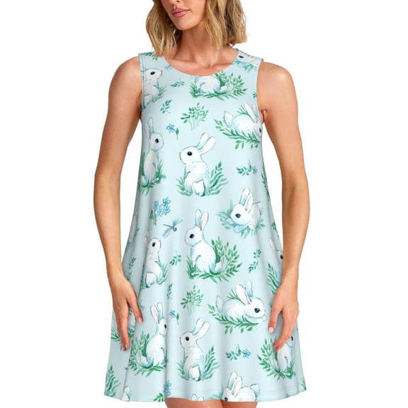 Lsque Rabbit And Dragonfly Pattern Summer Dresses for Women – Sleeveless T-Shirt Swing Sundress, Perfect for the Beach and Casual Days