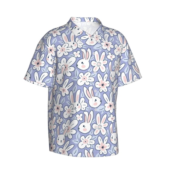 Lsque Rabbit And Floral pattern Hawaiian Shirt for Men, Unisex Summer Beach Casual Short Sleeve Button Down Shirts-XX-Large