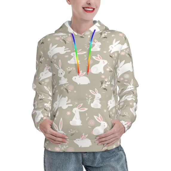 Lsque Rabbit And Flower Pattern Casual Women's Hoodie,Hooded Sweatshirt with Kangaroo Pocket,Pullover Hoodie with Eye-catching Drawstrings-Small