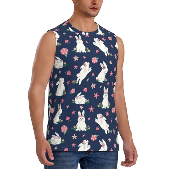 Lsque Rabbit And Flower Print Men's Cotton Blend Sleeveless Muscle Shirts (S-3XL)- Moisture Wicking, Odor Protection, UPF 30+,3X-Large