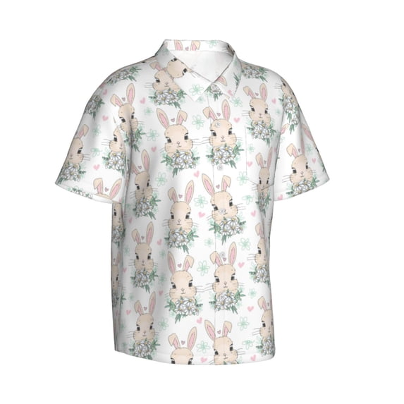 Lsque Rabbit And Flower pattern Hawaiian Shirt for Men, Unisex Summer Beach Casual Short Sleeve Button Down Shirts-3X-Large