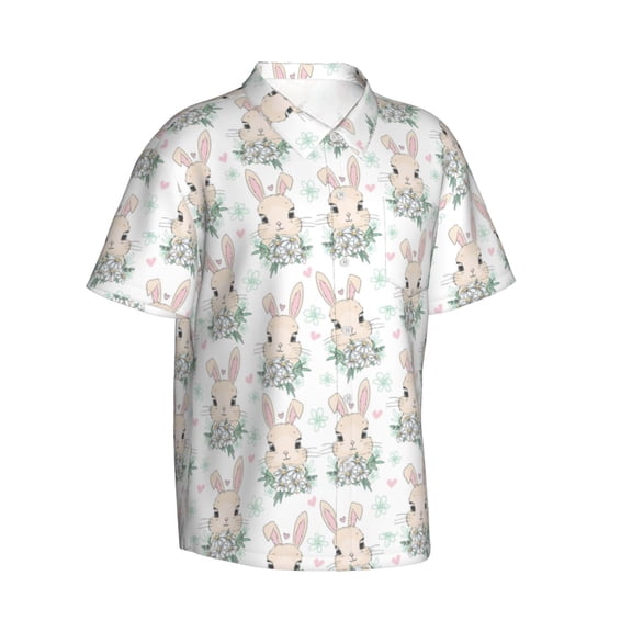 Lsque Rabbit And Flower pattern Hawaiian Shirt for Men, Unisex Summer Beach Casual Short Sleeve Button Down Shirts-X-Large