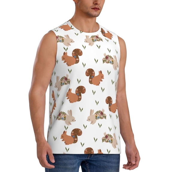 Lsque Rabbit And Squirrel Print Men's Cotton Blend Sleeveless Muscle Shirts (S-3XL)- Moisture Wicking, Odor Protection, UPF 30+,Small