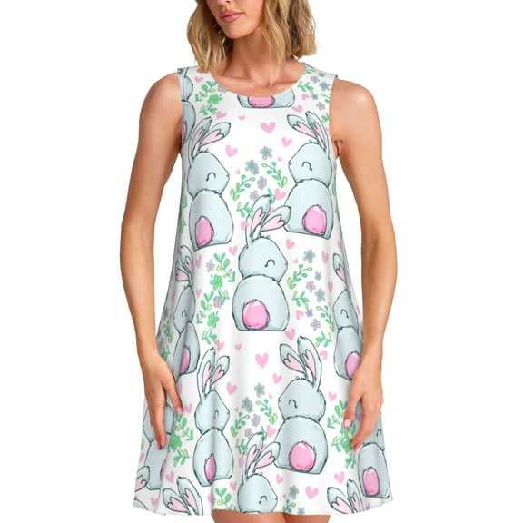 Lsque Rabbit Back View Pattern Summer Dresses for Women – Sleeveless T-Shirt Swing Sundress, Perfect for the Beach and Casual Days