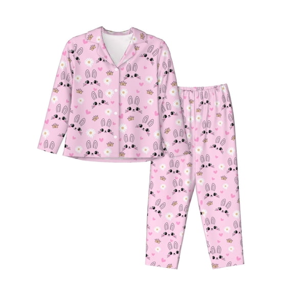 Lsque Rabbit Face Pattern Long Sleeve Pajama Set for Women - Soft 2-Piece Sleepwear and Loungewear Set with Pockets, Comfy Nightwear-X-Large